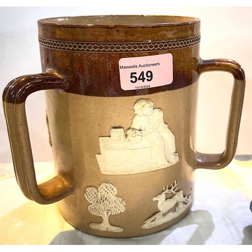 549 - A Royal Doulton hunting scene Tyg mug (chip to rim); an inlaid tray; a Victorian grotesque jug, blue... 