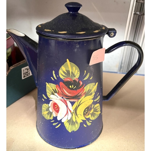 55 - A Bargeware style brightly painted watering can; a similar coffee can and another smaller; a similar... 