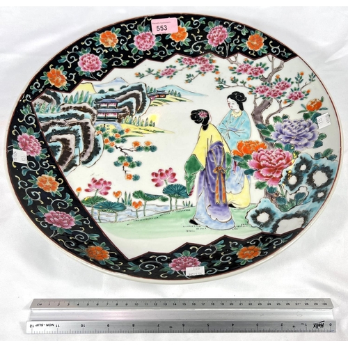 553 - A mid 20th century circular Chinese famille vert style charger, decorated with 2 women in a landscap... 