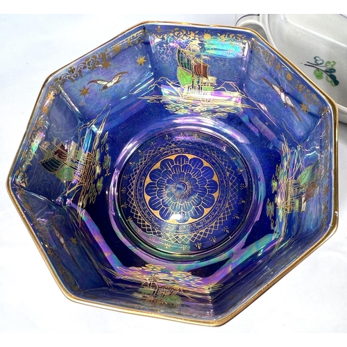 574 - ROYAL LANCASTRIAN: a lustre dish by Richard Joyce (a.f.) 27cm; a Crown Devon lustre bowl and a Poole... 