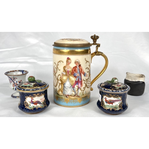 577 - DRESDEN: a porcelain lidded tankard decorated in enamels with courting couple, height 15cm; a pair o... 