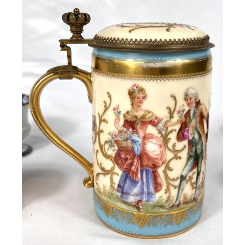 577 - DRESDEN: a porcelain lidded tankard decorated in enamels with courting couple, height 15cm; a pair o... 