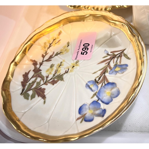 590 - Royal worcester: a peach ground porcelain cabinet plate, 21cm; 2 small floral enamelled dishes, 11.5... 