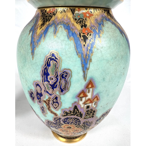 596 - Coalport: a two handled urn wih extensive giltwork and small highland lakescene, 20cm; a Wedgwood lu... 