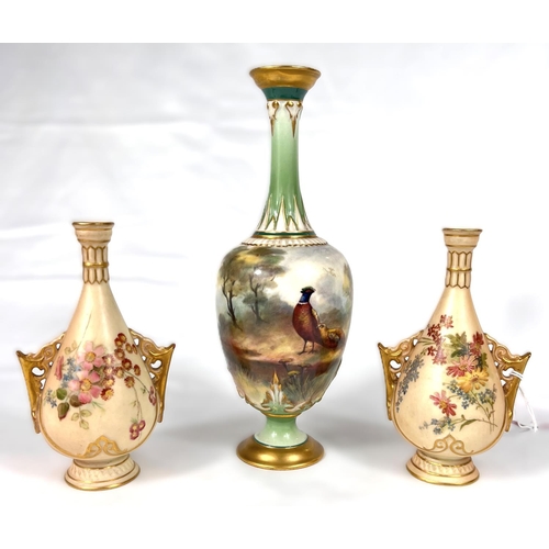 601 - Royal Worcester: a small pair of ovoid peach ground vases enamelled with flower sprays, 11.4cm and a... 