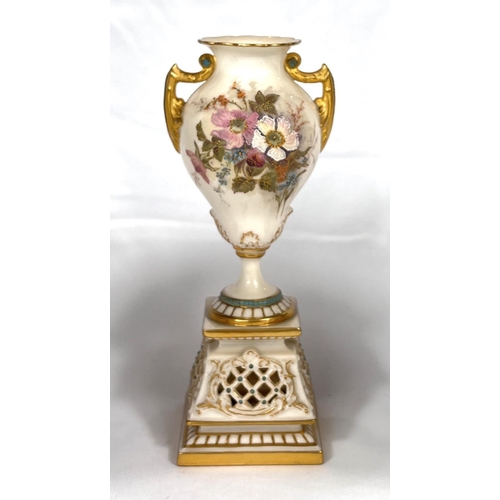 602 - a pair of two handled baluster pedestal vases decorated with enamelled floral sprays, 19cm Rd No 327... 