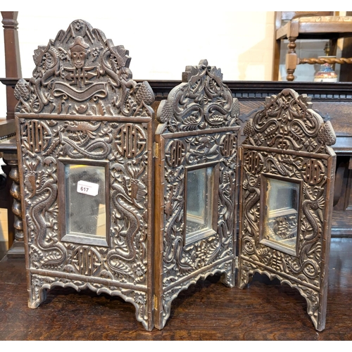 617 - A 19th Century Chinese carved hardwood table screen of three graduating panels, each with inset mirr... 