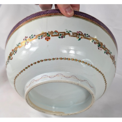 623 - A circa 1800 Chinese punch bowl with polychrome decoration, dia. 29cm (hairline)