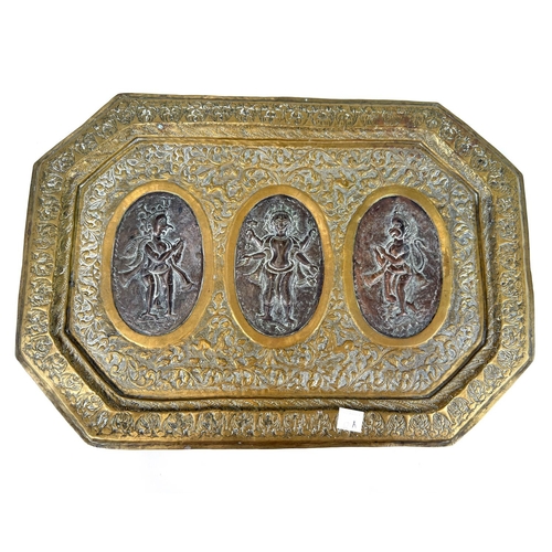 625A - An unusual 19th century Indian Bronzed copper tray with panel decoration of deities, 40.5cm