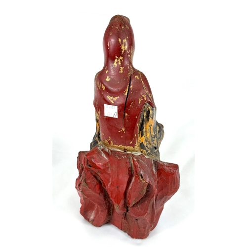 626A - A possibly early  Chinese carved wooden figure of Guanyin, gilt and red lacquer, height 30cm&nb... 