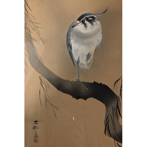 628 - A Koson Ohara Northern Lapwing on Willow branch woodblock print, signed, framed and glazed, 34 x 19c... 