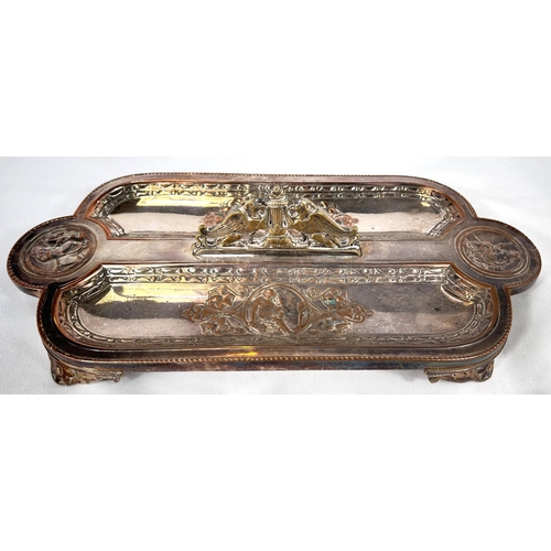 651 - Elkington, a silver on copper pen tray with classical decoration, marked beneath Elkington 1090, len... 