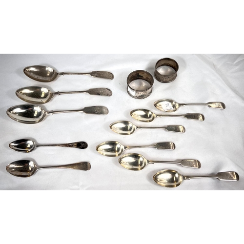 652 - A set of six hallmarked silver tea spoons, three larger hallmarked silver spoons, two other silver s... 