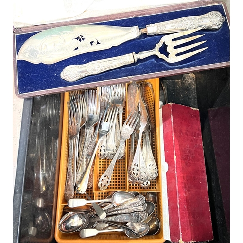 654 - A set of unusual silver-plated fish servers with pierced ends, other similar silver-plated cutlery.