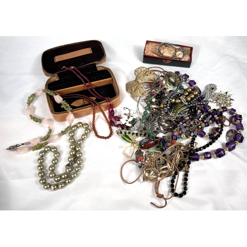 663 - COSTUME JEWELLERY - a selection of estate jewellery, 3 hardstone bead necklaces and another.