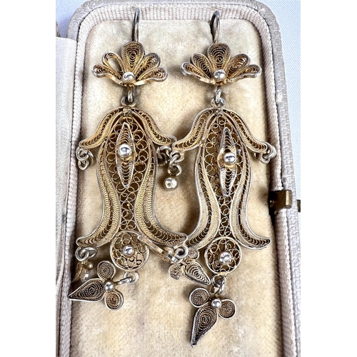 665 - Vintage earrings, a pair of late 19th century silver filigree, boxed.