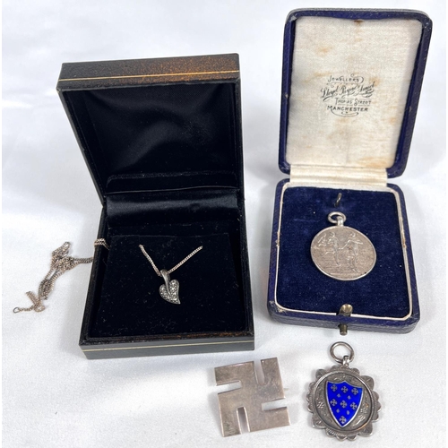 666 - FOOTBALL medal, a silver enamel S & DFA medal, 2 other silver items and a marcasite pendant.