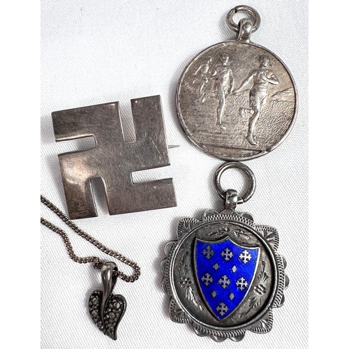 666 - FOOTBALL medal, a silver enamel S & DFA medal, 2 other silver items and a marcasite pendant.