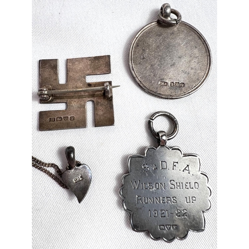 666 - FOOTBALL medal, a silver enamel S & DFA medal, 2 other silver items and a marcasite pendant.