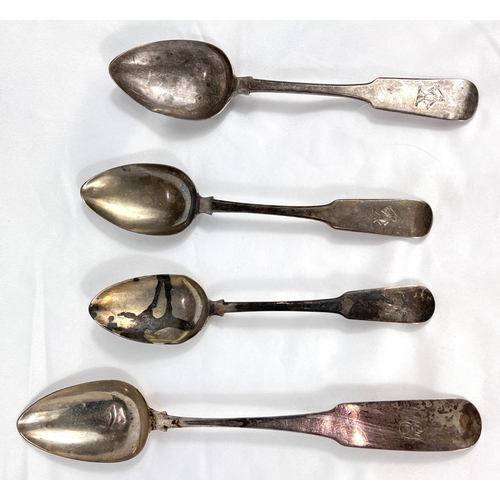 671 - An IRISH silver fiddle pattern basting spoon, 3oz, Dublin 1805 and a pair soup spoons, Edinburgh 181... 