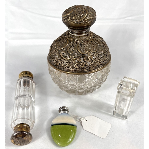 673 - A scent bottle, silver mounted hobnail cut glass, Chester ; a double ended scent bottle and 2 others