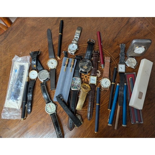 68 - A collection of fountain pens and other pens, gents watches etc; a converted brass oil lamp with opa... 