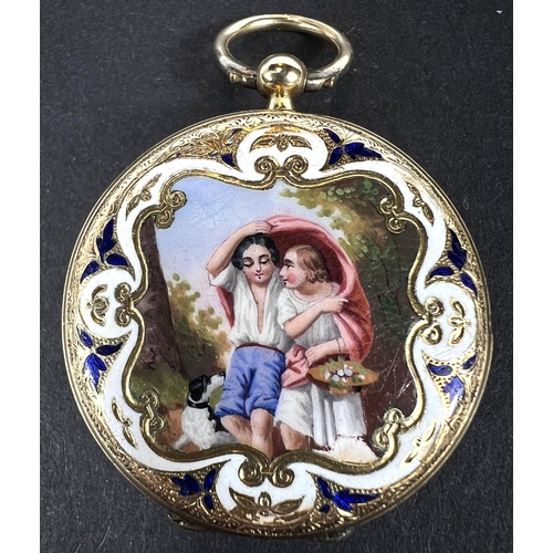 684 - French ladies fob watch with enamelled panel of courting couple on reverse, tested as 18ct.