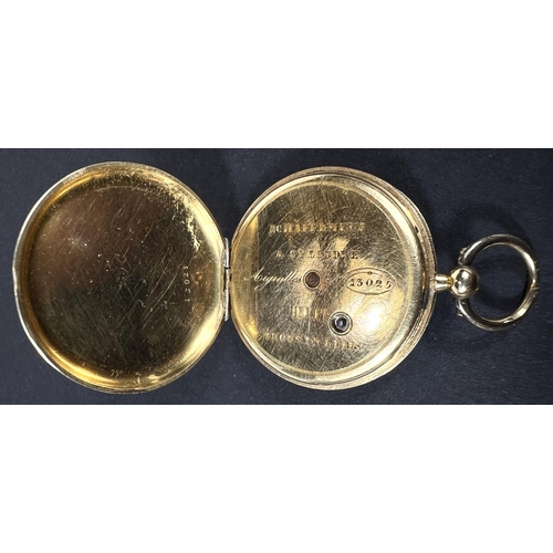 684 - French ladies fob watch with enamelled panel of courting couple on reverse, tested as 18ct.