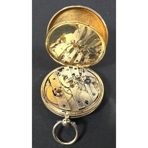 684 - French ladies fob watch with enamelled panel of courting couple on reverse, tested as 18ct.