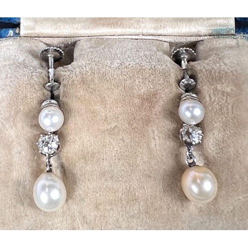 688 - A pair of pearl and diamond drop earrings in a white gold screw on fitting, stamped 9ct, in original... 