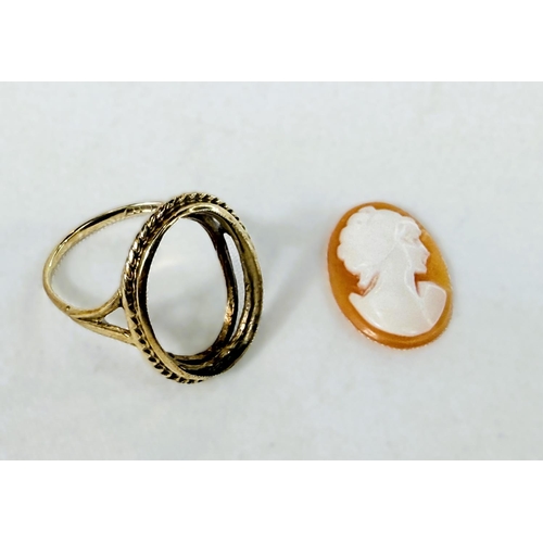 709 - A 9ct hallmarked gold ring set with a female head cameo (cameo detached), weight of shank and mount ... 