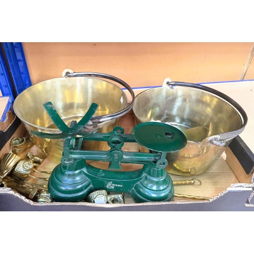 78 - A set of scales with brass weights, 2 brass jam pans and other brassware.