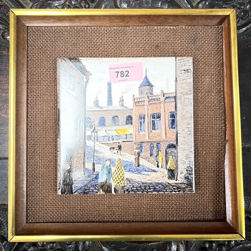 782 - Steven Garbutt, ceramic tile depicting mill workers on cobbled street, signed 16 x 16cm, framed; Ber... 