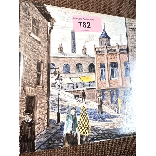 782 - Steven Garbutt, ceramic tile depicting mill workers on cobbled street, signed 16 x 16cm, framed; Ber... 