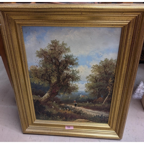 786 - Oil on canvas, country lake, signature obscured, in gilt frame, 44 x 33 cm.