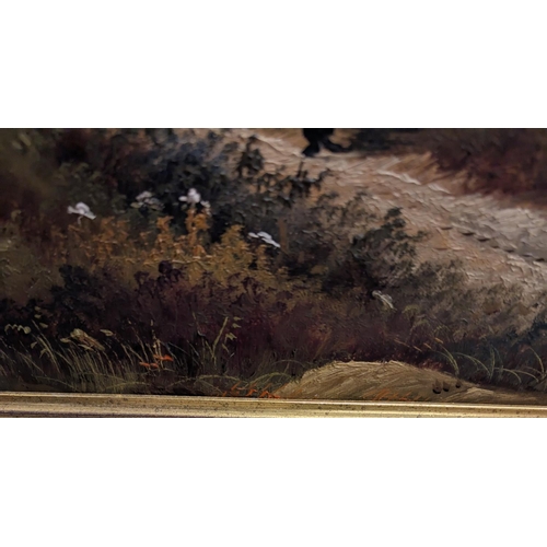 786 - Oil on canvas, country lake, signature obscured, in gilt frame, 44 x 33 cm.