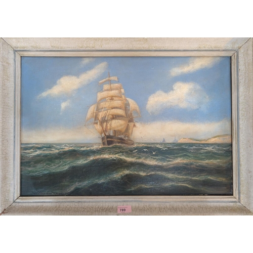 789 - William Langley (1880-1920) ship off shore on choppy sea, oil on canvas, framed, 39 x 60cm.