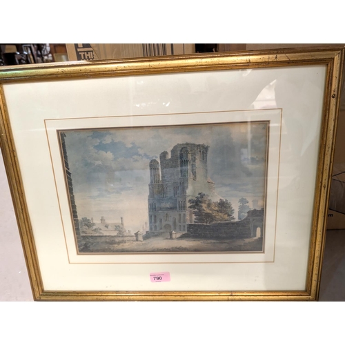 790 - Samuel Prout, 1783-1852, town scene with ruins, watercolour, signed, framed and glazed, 25 x 35cm.