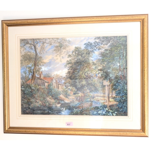 811 - Henry Bright, early 19th century watercolour of house by a stream, signed and dated 1806, gilt frame... 