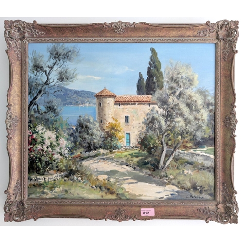 812 - L. Potronat, continental oil on canvas of house with lake in background, gilt frame, 45 x 54cm.