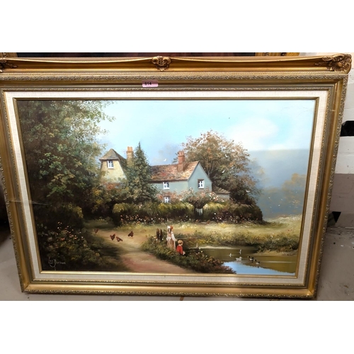 814 - Les Parsons, oil on canvas of a cottage scene, another oil signed 'Thomas' and two others.