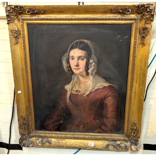 830 - A Victorian oil painting portrait of seated female in period dress and bonnet in gilt frame (repairs... 