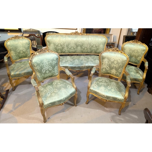 850 - A 19th century Louis XV gilt framed 5 piece drawing room suite in green brocade comprising 3 seater ... 