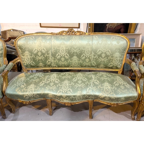 850 - A 19th century Louis XV gilt framed 5 piece drawing room suite in green brocade comprising 3 seater ... 