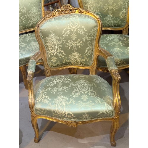 850 - A 19th century Louis XV gilt framed 5 piece drawing room suite in green brocade comprising 3 seater ... 