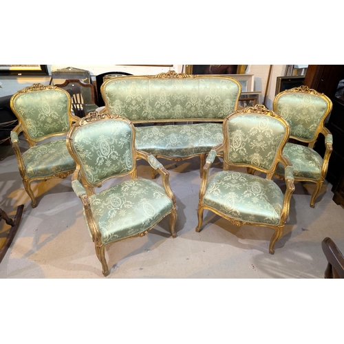 850 - A 19th century Louis XV gilt framed 5 piece drawing room suite in green brocade comprising 3 seater ... 