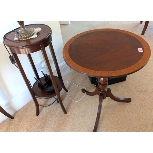 862 - An inlaid mahogany reproduction circular pedestal occasional table; an inlaid mahogany two tier plan... 