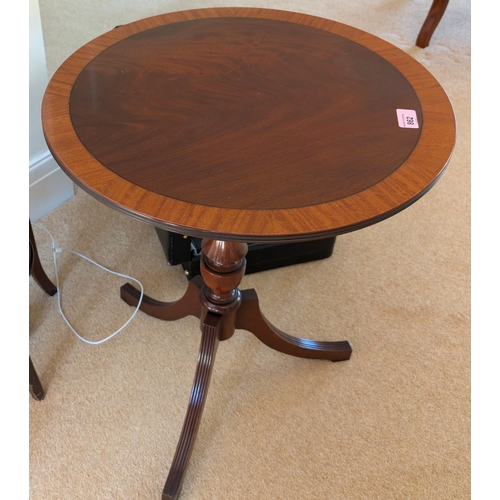 862 - An inlaid mahogany reproduction circular pedestal occasional table; an inlaid mahogany two tier plan... 