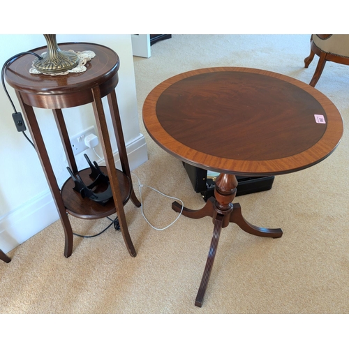 862 - An inlaid mahogany reproduction circular pedestal occasional table; an inlaid mahogany two tier plan... 