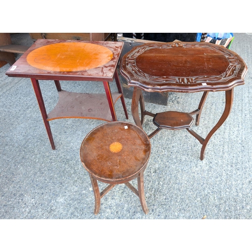 873 - An inlaid mahogany fold over table, a circular inlaid occasional table and another, and wine table